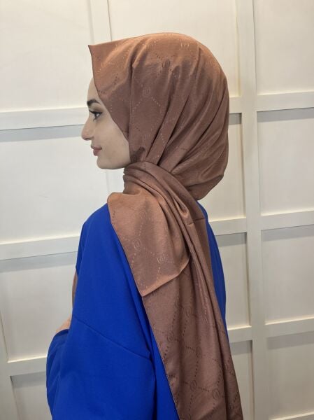 Piramit Monogram Şal, Özel Desenli Elegant Şal 01008 ÇİKOLATA
