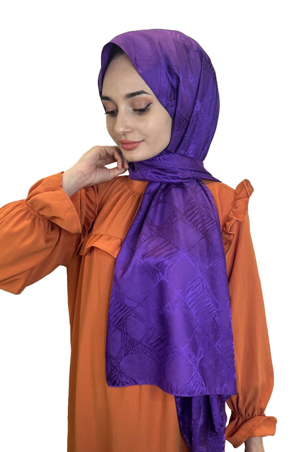 Loryan Scarf Jakarlı Şal, Floş Jakar Retro Şal 0129 MÜRDÜM