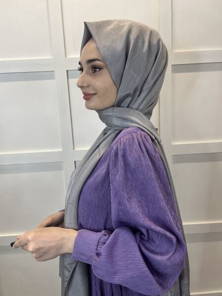 Piramit Monogram Şal, Özel Desenli Elegant Şal 01008 KOYU GÜMÜŞ