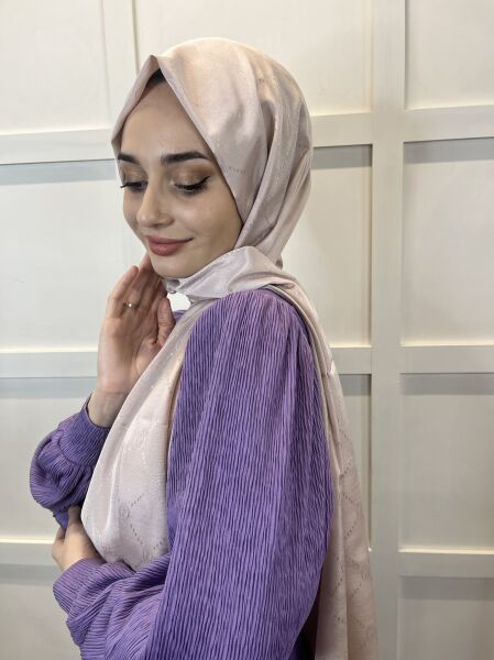 Piramit Monogram Şal, Özel Desenli Elegant Şal 01008 AÇIK PUDRA