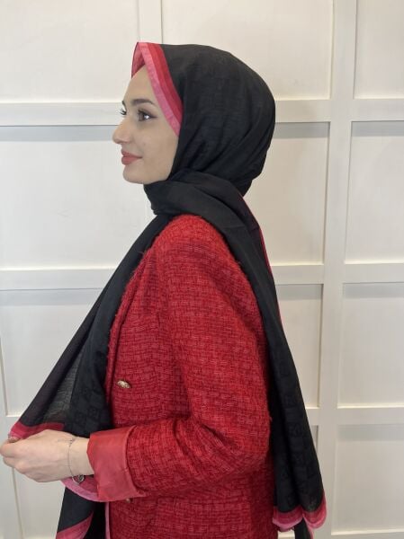 Madame Polo Monogram Shawl, Monogram Patterned Stylish Shawl 00994 BLACK RED