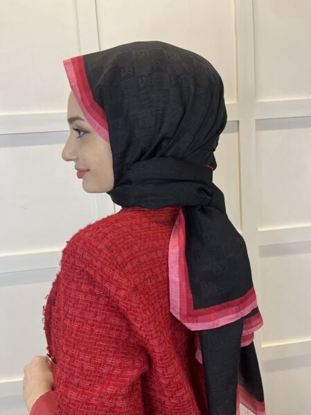 Madame Polo Monogram Shawl, Monogram Patterned Stylish Shawl 00994 BLACK RED