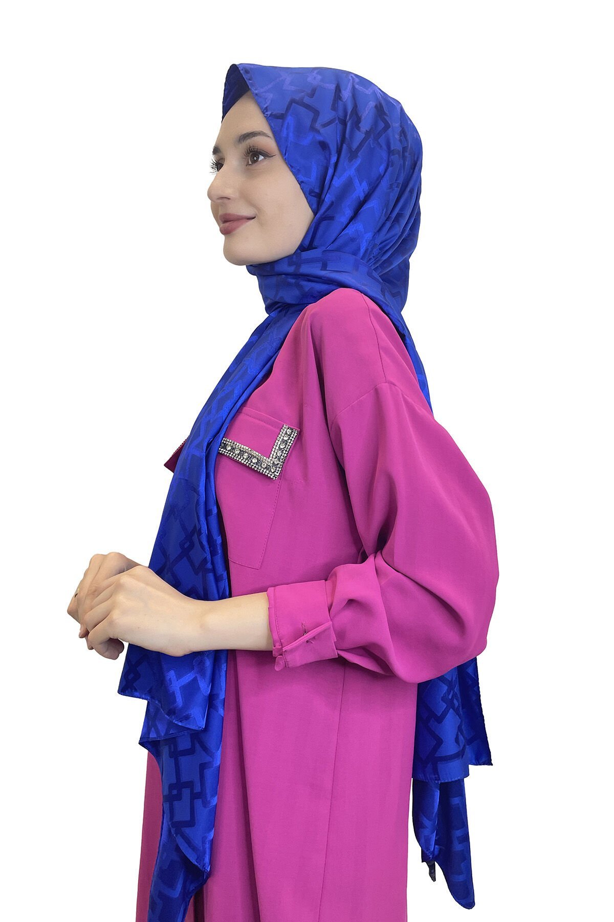 Piramit Jakarlı Şal - Zincir Desenli Jakar Şal 01154 SAKS