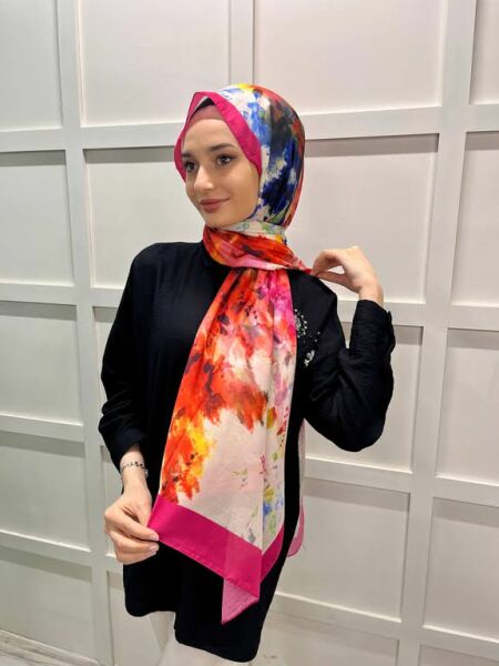 Siyane Scarf Flower Desen Şal 00802 FUŞYA