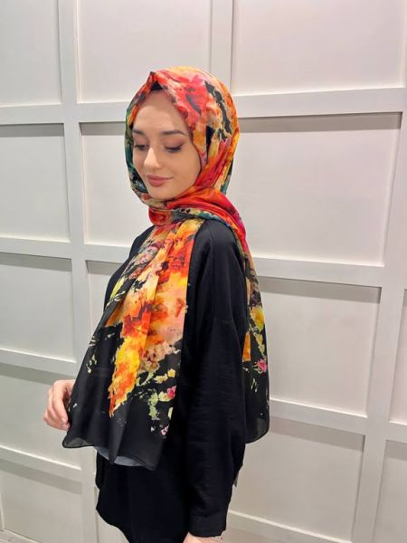 Siyane Scarf Flower Pattern Shawl 00802 BLACK YELLOW