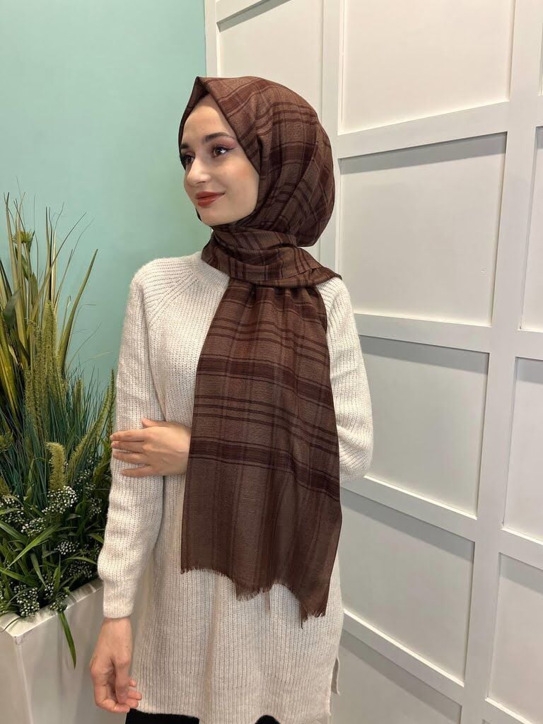 İpekevi Blend Şal - Küp Blok Yün İpek Karışımlı Şal 06506 KAHVE