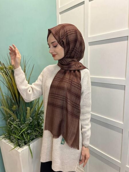 İpekevi Blend Şal - Küp Blok Yün İpek Karışımlı Şal 06506 KAHVE