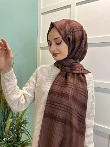 İpekevi Blend Şal - Küp Blok Yün İpek Karışımlı Şal 06506 KAHVE