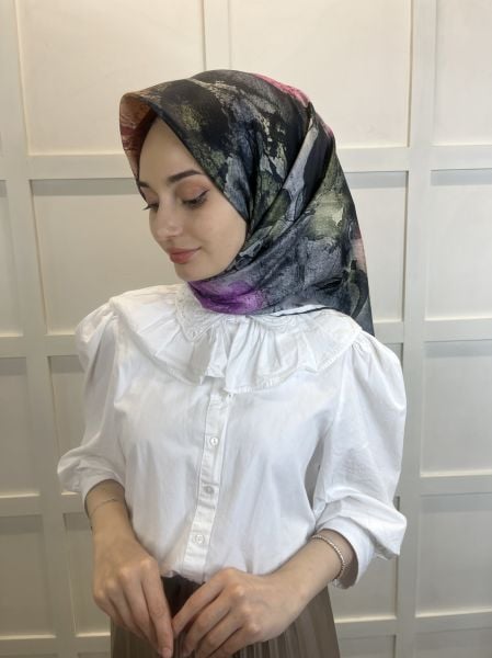 Quare Çiçek Desenli Rayon Eşarp 10701 LACİVERT