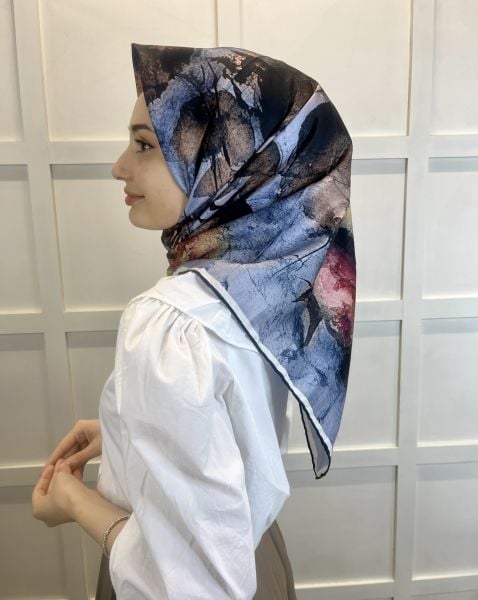 Quare Çiçek Desenli Rayon Eşarp 10701 LACİVERT