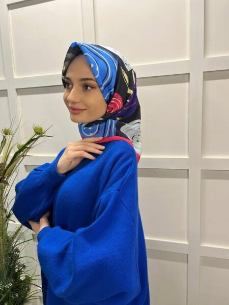  Eflatun Scarf Pamuklu (Cotton) Minimal Çiçek Desenli Eşarp 00747 FUŞYA