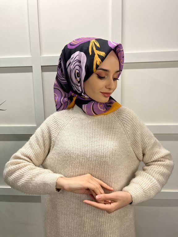 Lilac Scarf Cotton Minimal Floral Patterned Scarf 00747 MUSTARD