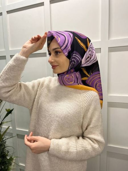 Lilac Scarf Cotton Minimal Floral Patterned Scarf 00747 MUSTARD