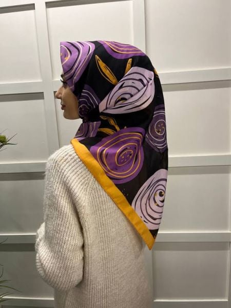 Lilac Scarf Cotton Minimal Floral Patterned Scarf 00747 MUSTARD