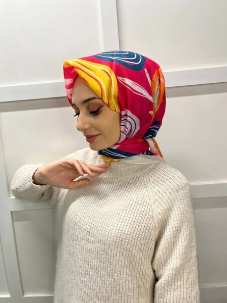  Eflatun Scarf Pamuklu (Cotton) Minimal Çiçek Desenli Eşarp 00747 BEYAZ