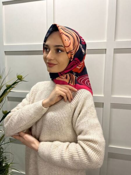  Eflatun Scarf Pamuklu (Cotton) Minimal Çiçek Desenli Eşarp 00747 LACİVERT FUŞYA