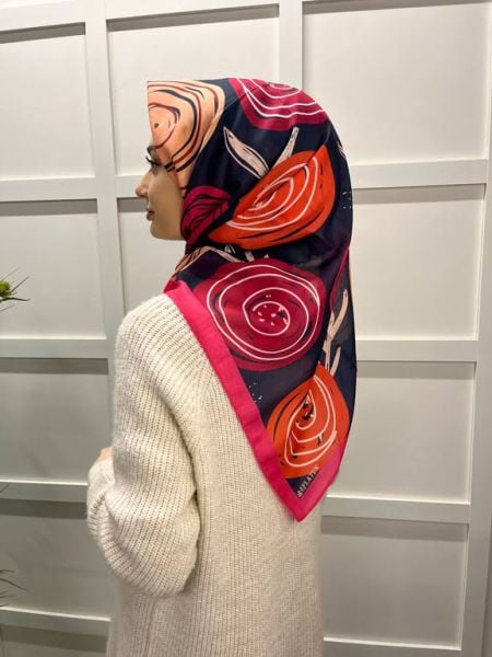 Lilac Scarf Cotton Minimal Floral Patterned Scarf 00747 DARK BLUE FUCHIA