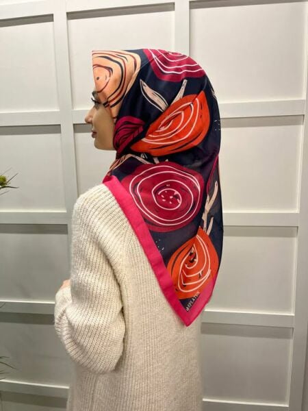  Eflatun Scarf Pamuklu (Cotton) Minimal Çiçek Desenli Eşarp 00747 LACİVERT FUŞYA