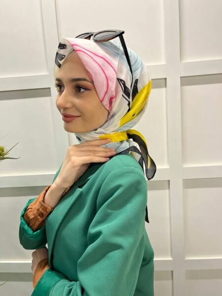  Eflatun Scarf Pamuklu (Cotton) Minimal Çiçek Desenli Eşarp 00747 SİYAH