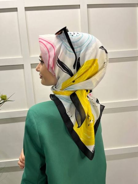 Lilac Scarf Cotton Minimal Floral Patterned Scarf 00747 BLACK