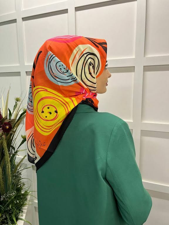 Eflatun Scarf Pamuklu (Cotton) Minimal Çiçek Desenli Eşarp 00747 SİYAH TURUNCU