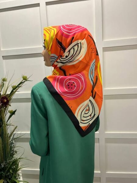 Lilac Scarf Cotton Minimal Floral Patterned Scarf 00747 BLACK ORANGE