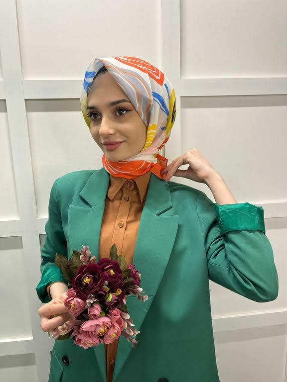 Lilac Scarf Cotton Minimal Floral Patterned Scarf 00747 ORANGE
