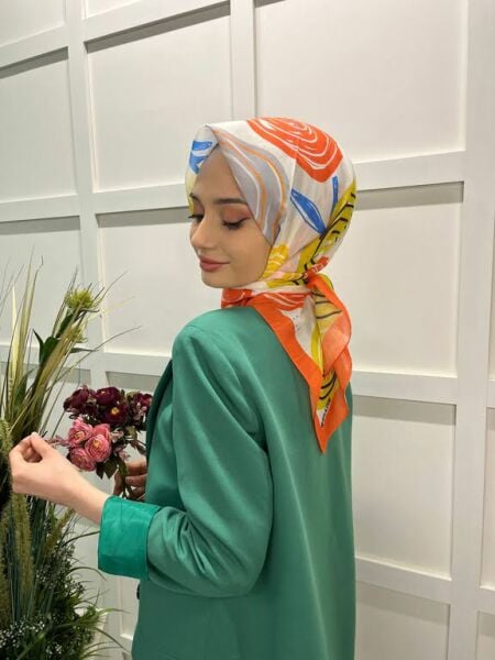  Eflatun Scarf Pamuklu (Cotton) Minimal Çiçek Desenli Eşarp 00747 TURUNCU