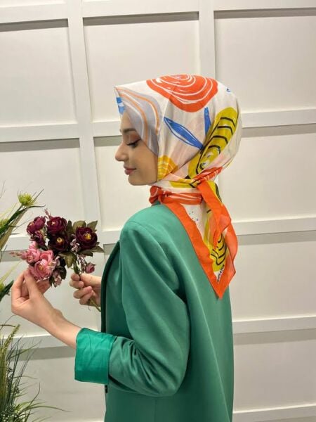 Lilac Scarf Cotton Minimal Floral Patterned Scarf 00747 ORANGE