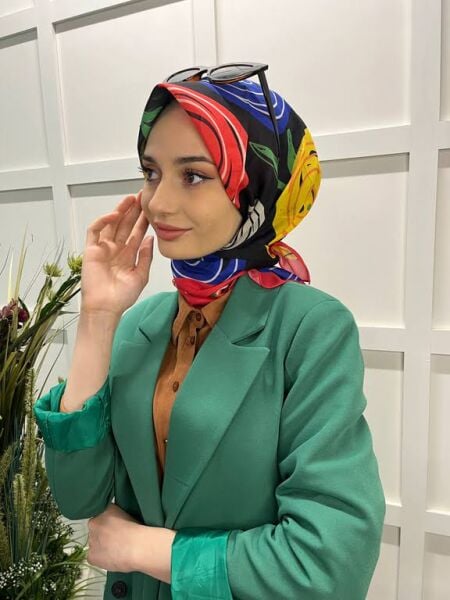  Eflatun Scarf Pamuklu (Cotton) Minimal Çiçek Desenli Eşarp 00747 KIRMIZI