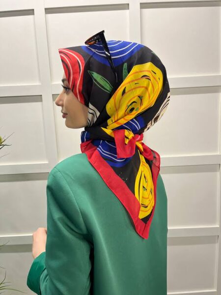  Eflatun Scarf Pamuklu (Cotton) Minimal Çiçek Desenli Eşarp 00747 KIRMIZI