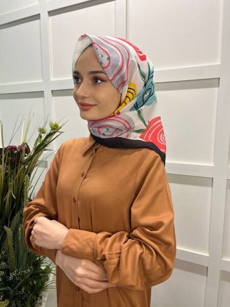  Eflatun Scarf Pamuklu (Cotton) Minimal Çiçek Desenli Eşarp 00747 SİYAH TURKUAZ