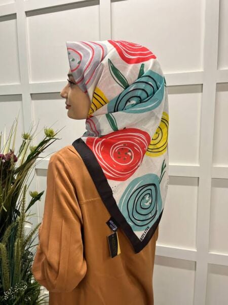  Eflatun Scarf Pamuklu (Cotton) Minimal Çiçek Desenli Eşarp 00747 SİYAH TURKUAZ