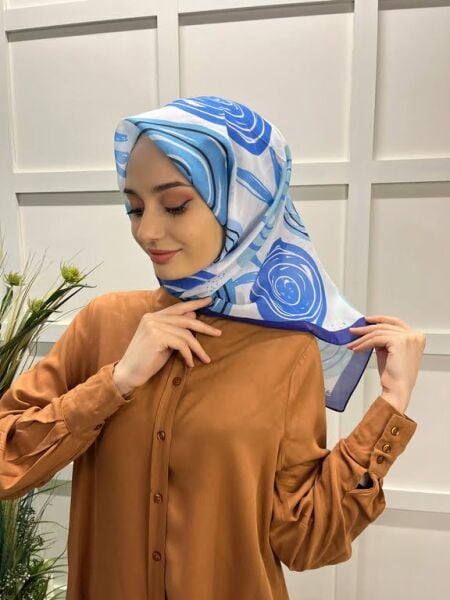  Eflatun Scarf Pamuklu (Cotton) Minimal Çiçek Desenli Eşarp 00747 LACİVERT