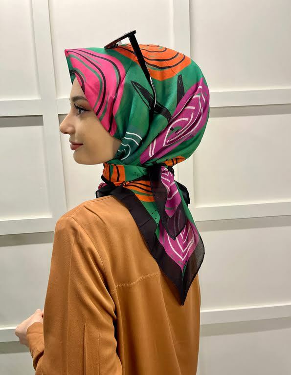 Eflatun Scarf Pamuklu (Cotton) Minimal Çiçek Desenli Eşarp 00747 YEŞİL