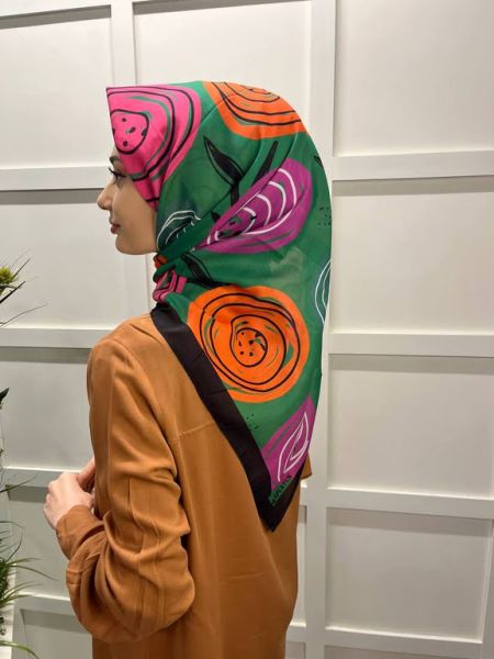 Eflatun Scarf Pamuklu (Cotton) Minimal Çiçek Desenli Eşarp 00747 YEŞİL