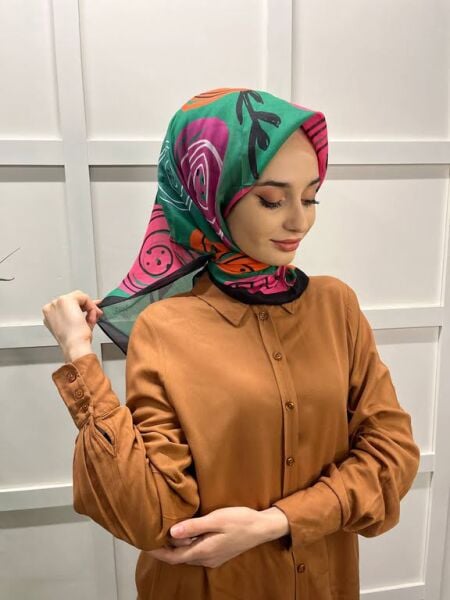 Eflatun Scarf Pamuklu (Cotton) Minimal Çiçek Desenli Eşarp 00747 YEŞİL