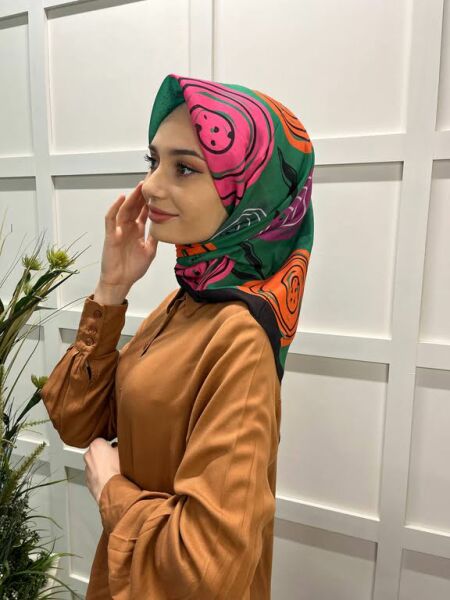 Eflatun Scarf Pamuklu (Cotton) Minimal Çiçek Desenli Eşarp 00747 YEŞİL