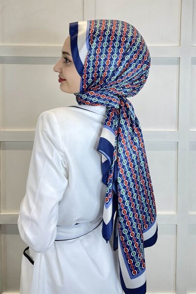 Quare Silky Shawl Geometric Patterned Stylish Hijab Shawl 01103 DARK BLUE