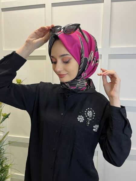  Eflatun Scarf Dijital Baskı Tomurcuk Desen Rayon Eşarp 00749 PEMBE