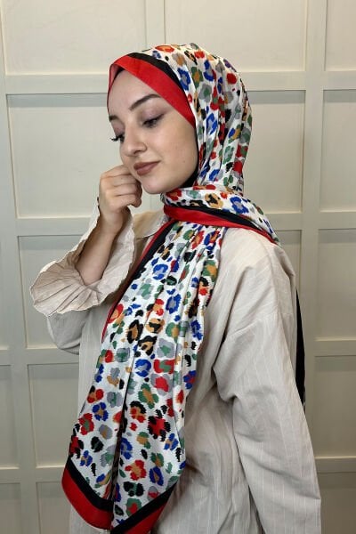 Quare Silky Shawl Floral Patterned Hijab Shawl 01105 RED