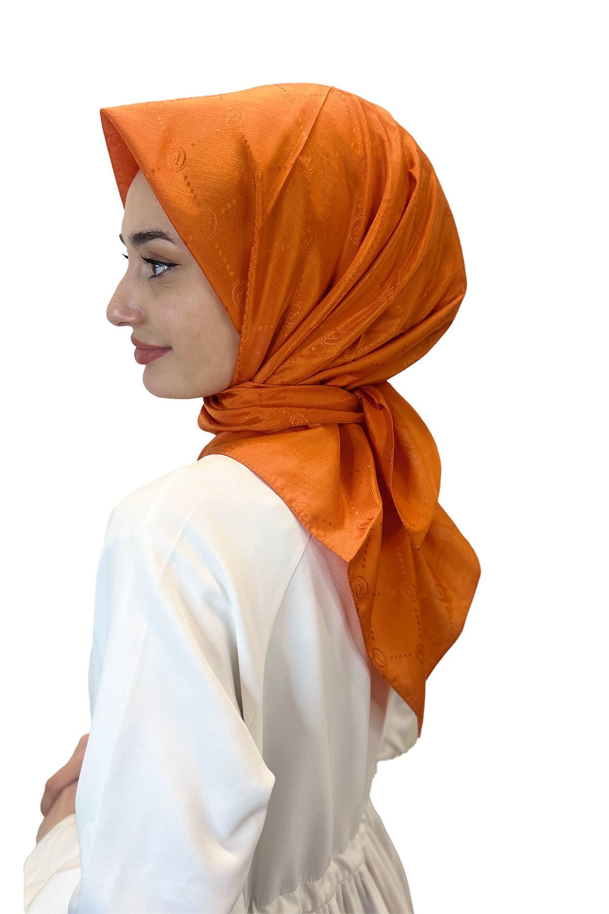 Jakarlı Monogram Eşarp, Piramit Monogram, Desenli Eşarp 01009 ORANGE