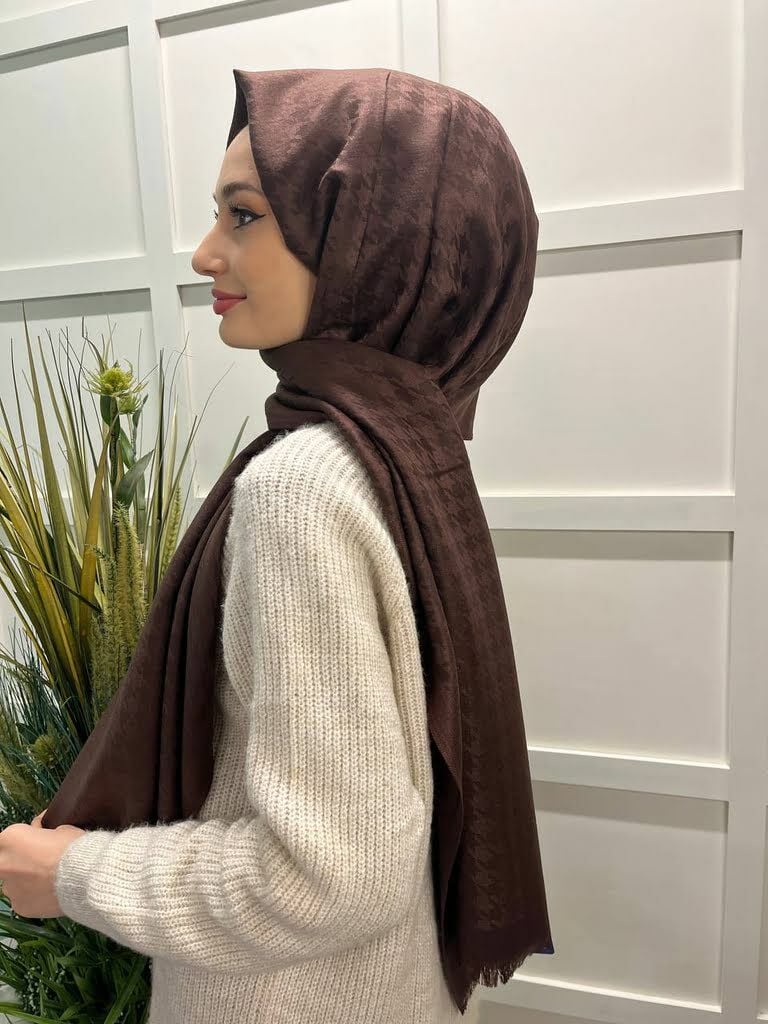 Arwella Kazayağı Desenli Yün Kaşmir Şal 00690 KAHVERENGİ