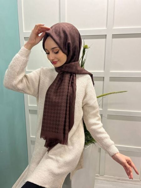 Arwella Houndstooth Patterned Wool Cashmere Shawl 00690 BROWN