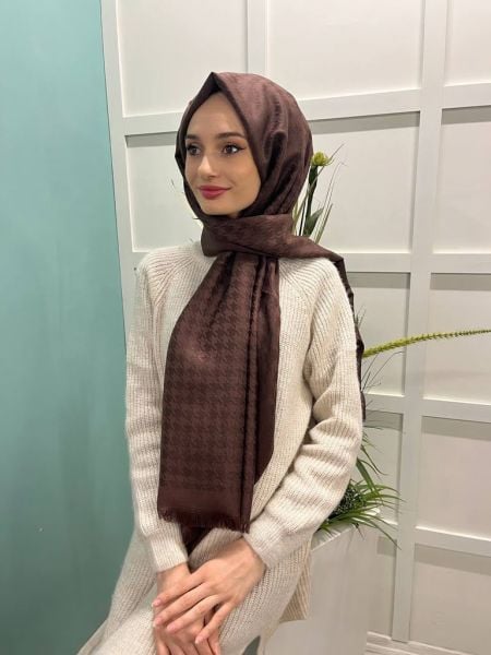 Arwella Houndstooth Patterned Wool Cashmere Shawl 00690 BROWN