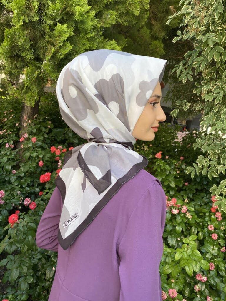 Eflatun Scarf Pamuklu (Cotton) Çiçek Desenli Eşarp 00588 SİYAH GRİ