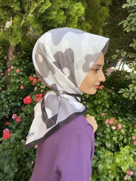 Lilac Scarf Cotton Flower Patterned Scarf 00588 BLACK GRAY