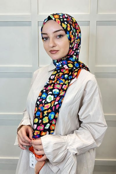 Quare Silky Shawl Floral Patterned Hijab Shawl 01105 ORANGE