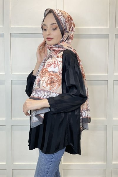 Emproyal Silky Voile Shawl - Floral Patterned Flowy Shawl 1159 COFFEE