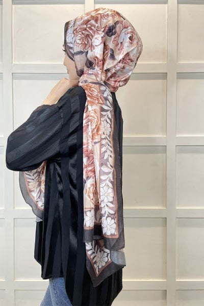 Emproyal Silky Voile Shawl - Floral Patterned Flowy Shawl 1159 COFFEE